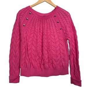 Talbots Womens Cable Knit Sweater Medium Pink‎ Crew Neck Embellished Relaxed